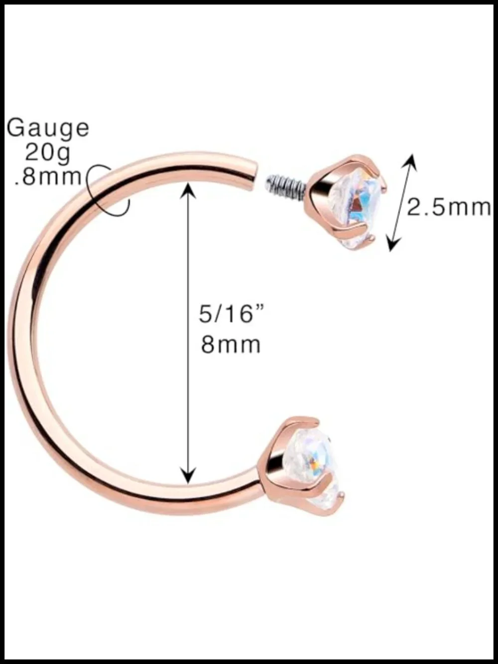 Titanium Horseshoe Nose Ring with CZ Ends, 20 Gauge, Push In, Hypoallergenic